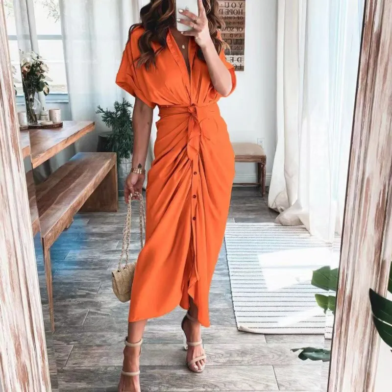 Maxct Short Sleeve Spring Dresses Fashion Summer Turn-down Collar Women Party Dress Elegant Button Office Lady Shirt Dress