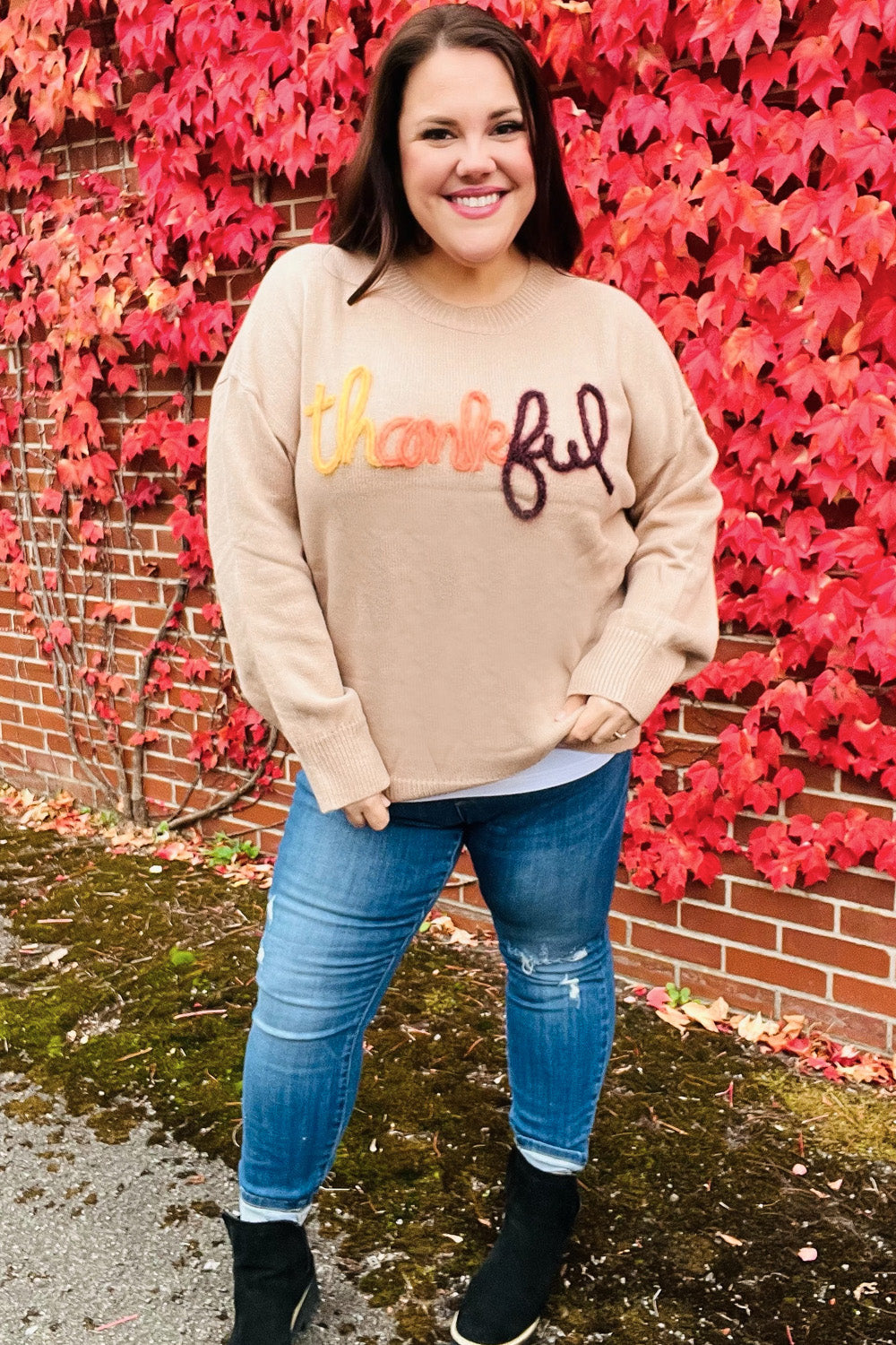 Maxct &Feeling Thankful Taupe Pop Up Glittery Embroidery Sweater