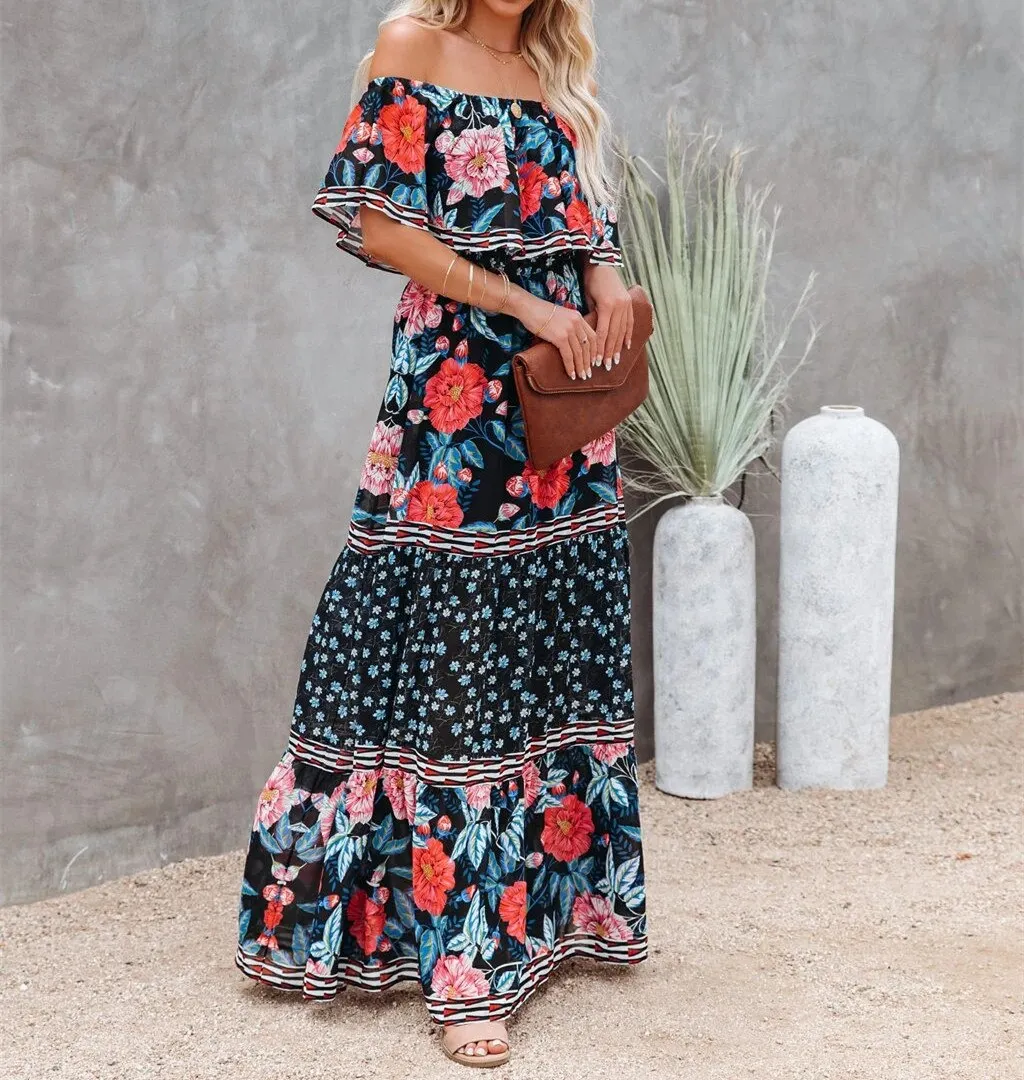 Maxct Printed Vintage Long Dresses For Women Sexy Off-Shoulder Ruffle Fashion Boho Party Maxi Dress Ladies Beach Sundress 9967