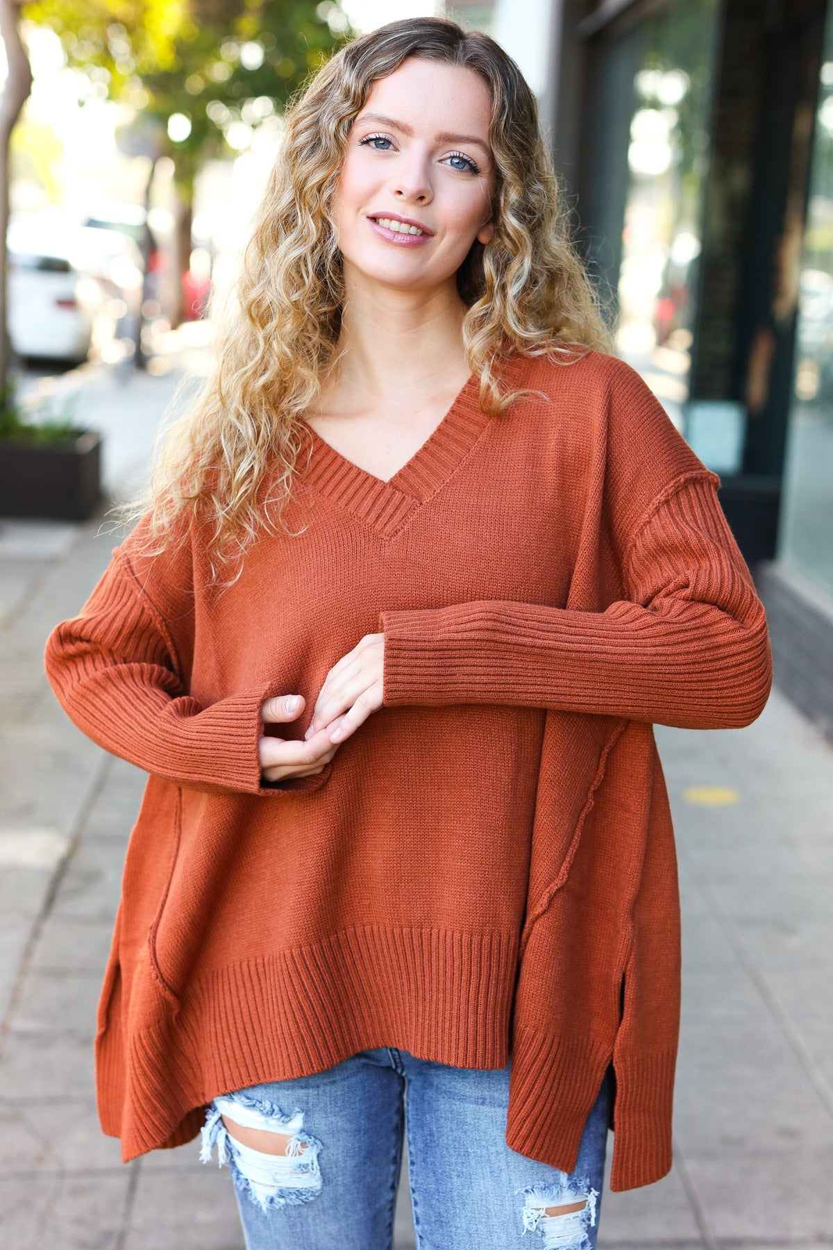 Maxct &Casual Chic Rust Oversized V Neck Rib Knit Sweater