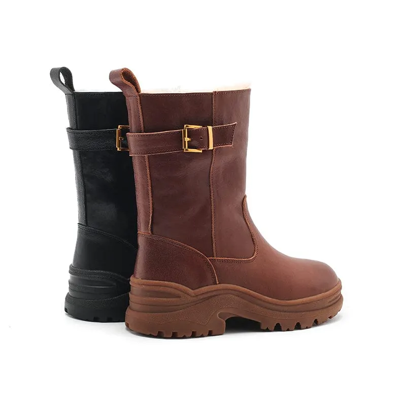 Womens Retro Mid Calf Boots Shearling Lined for Cold Winter Snow Boots Maxct