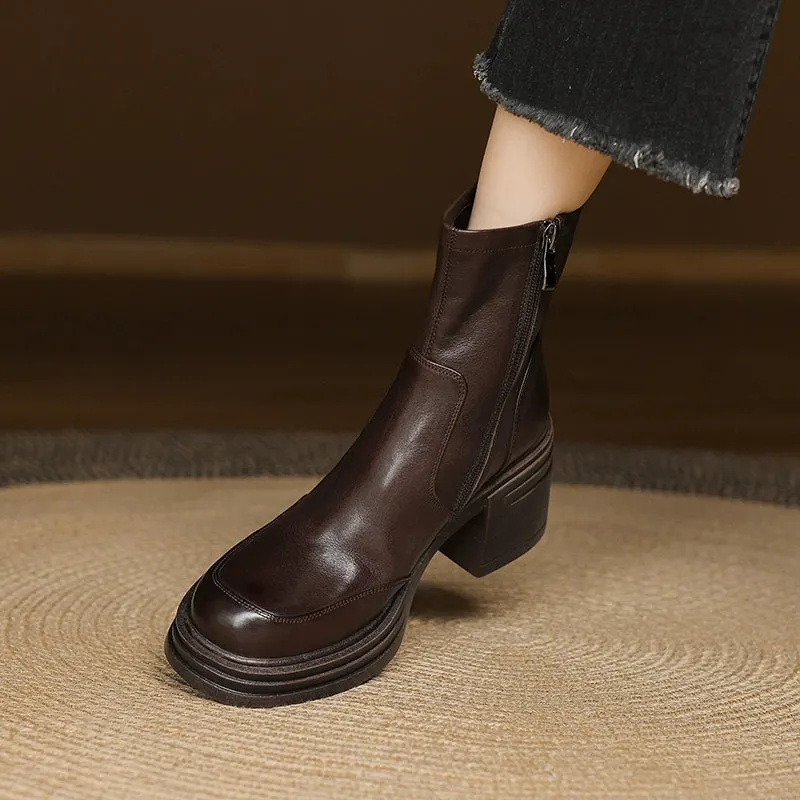 Autumn Genuine Leather Casual Soft Sole Round Toe Chunky Boots