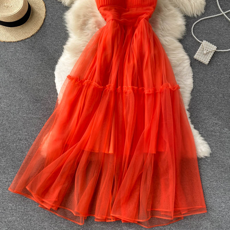 Women's Sexy Mesh Spaghetti Strap Long Dress Summer Orange/Purple/Blue/Pink Ruffle A-Line Beach Robe Female Elegant Party Vestidos