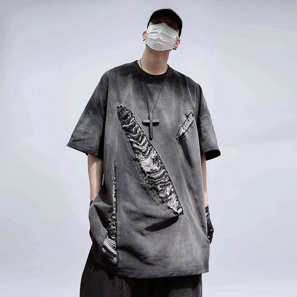Maxct Hip Hop High Street Retro Tattered Jeans Short Sleeve T-shirt