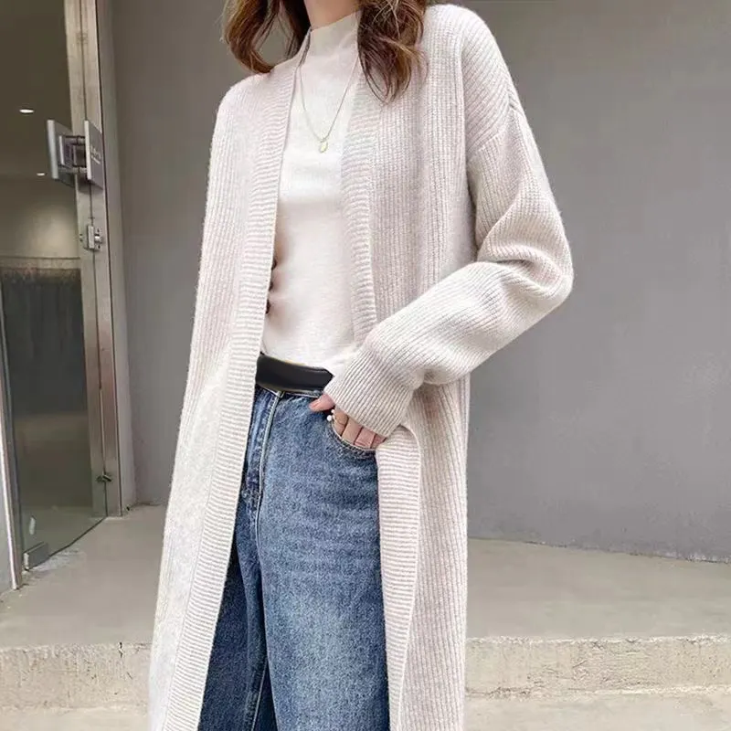 Maxct Casual Knitted Solid Long Cardigan Women Korean Loose Long Open Sweaters Female Autumn Chic Warm Simple Daily Street Tops