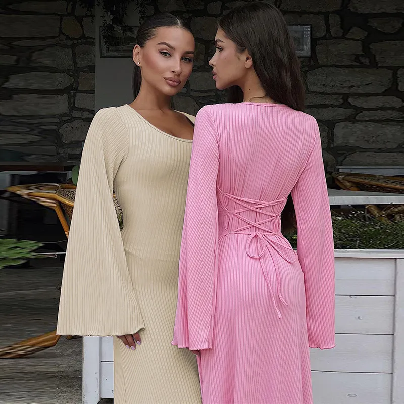 Women's Clothing 2024 Spring New Fashion Loose U Collar Back Lace Long Sleeve Dress Wholesale