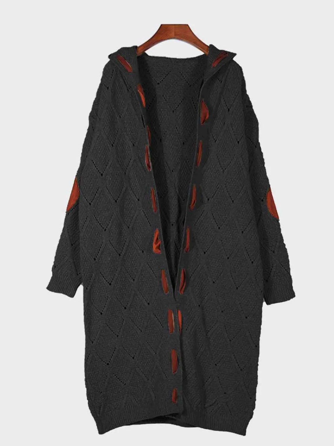 Maxct &Openwork Long Sleeve Open Front Hooded Cardigan