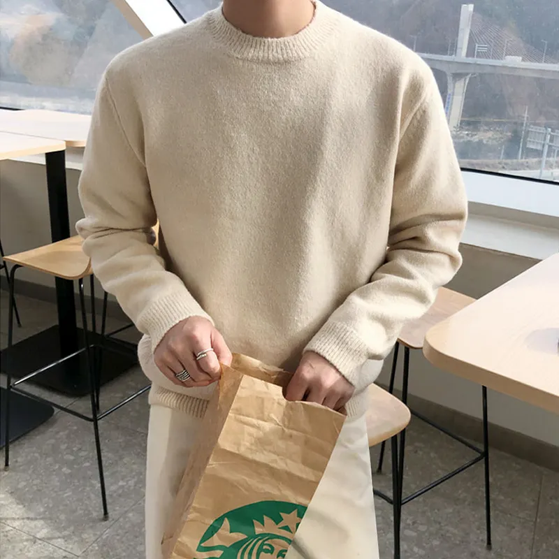 Maxct streetwear men outfits Sweater Men's Korean-Style Loose round Neck Solid Color Sweater Autumn and Winter Thickened Trendy Boys Bottoming Shirt outside
