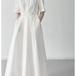 Maxct Fashionable Cotton Casual Round Neck Lace Up Dress