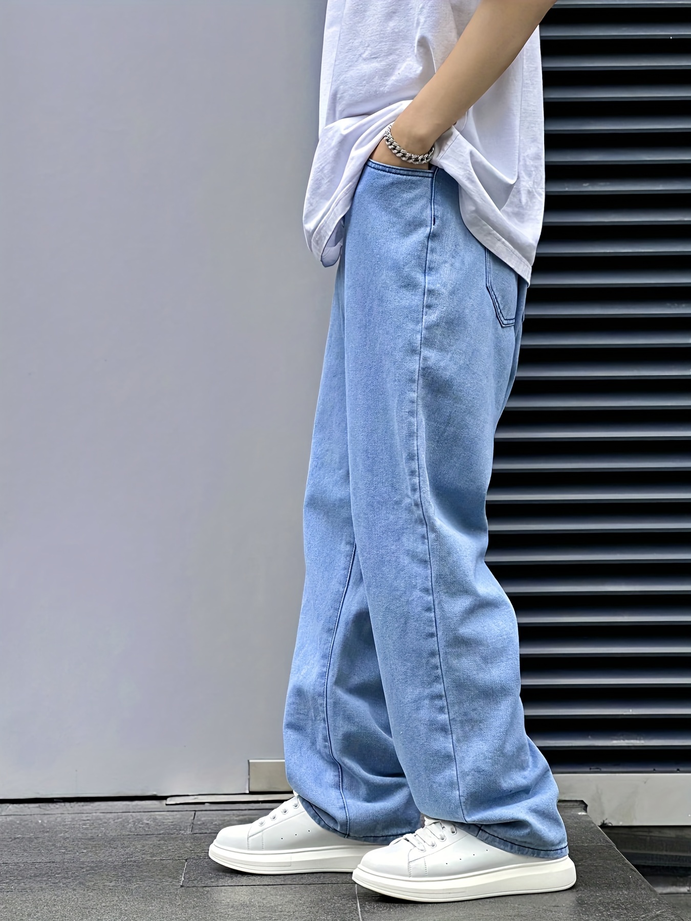 Classic Design Wide Leg Jeans, Men's Casual Street Style Solid Color Denim Pants For Spring Summer