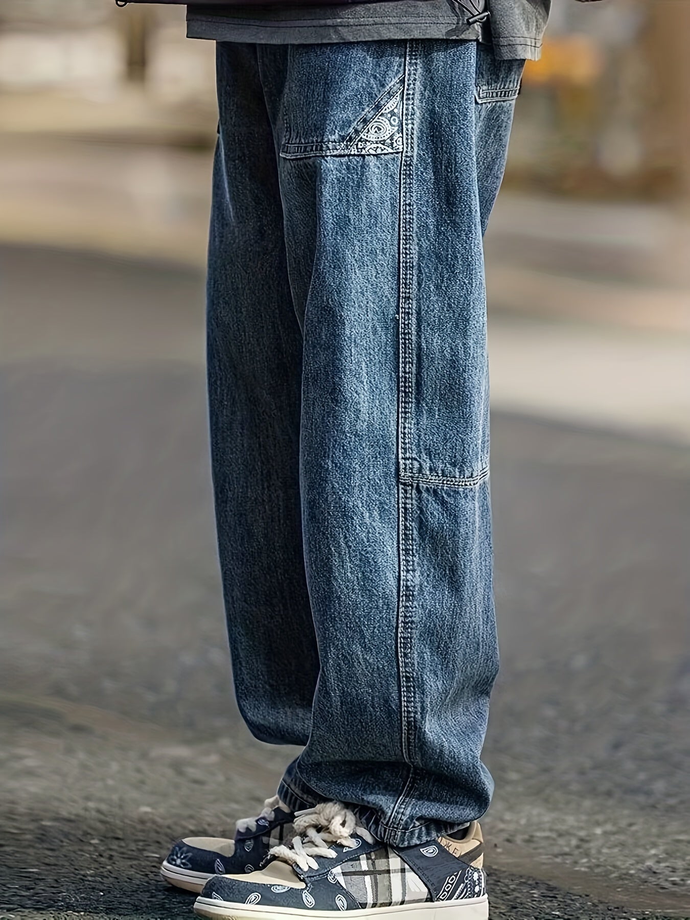 Maxct  Wide Leg Cotton Jeans, Men's Casual Street Style Patchwork Denim Pants For Spring Summer