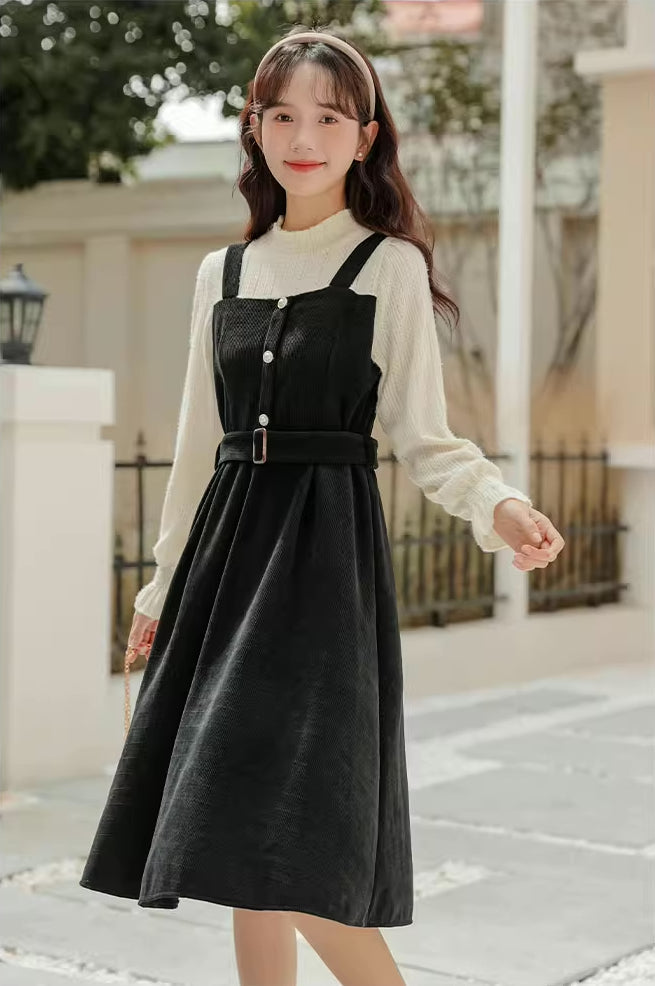 Corduroy Knit Belted Twofer Midi Dress Maxct