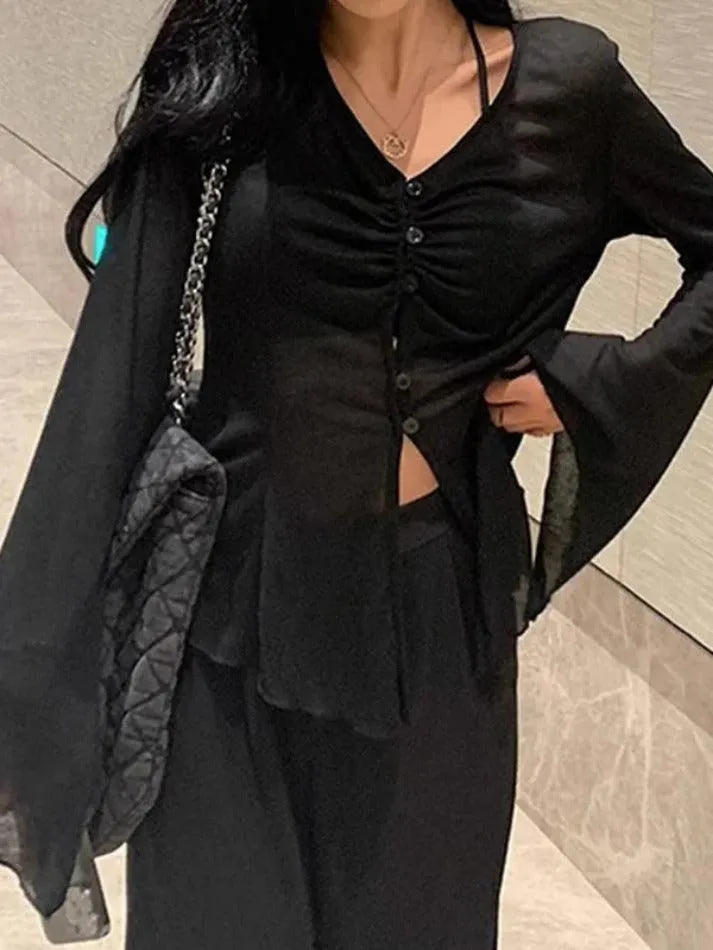 Maxct V Neck Split Flare Sleeve Long Sleeve Blouse