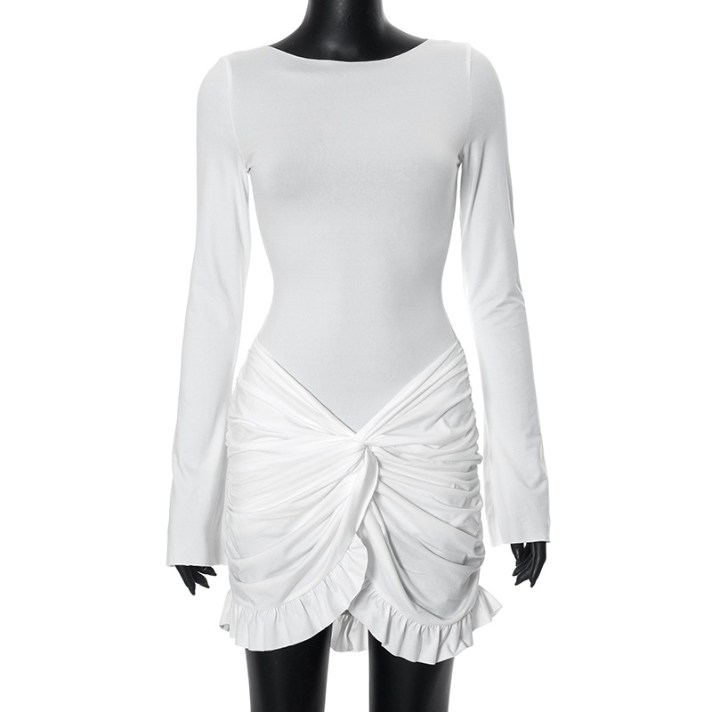 Ruffled Twist Skinny MIni Dress Long Sleeve Patchwork High Waist Party Dress FeY2k Bodycon Dress
