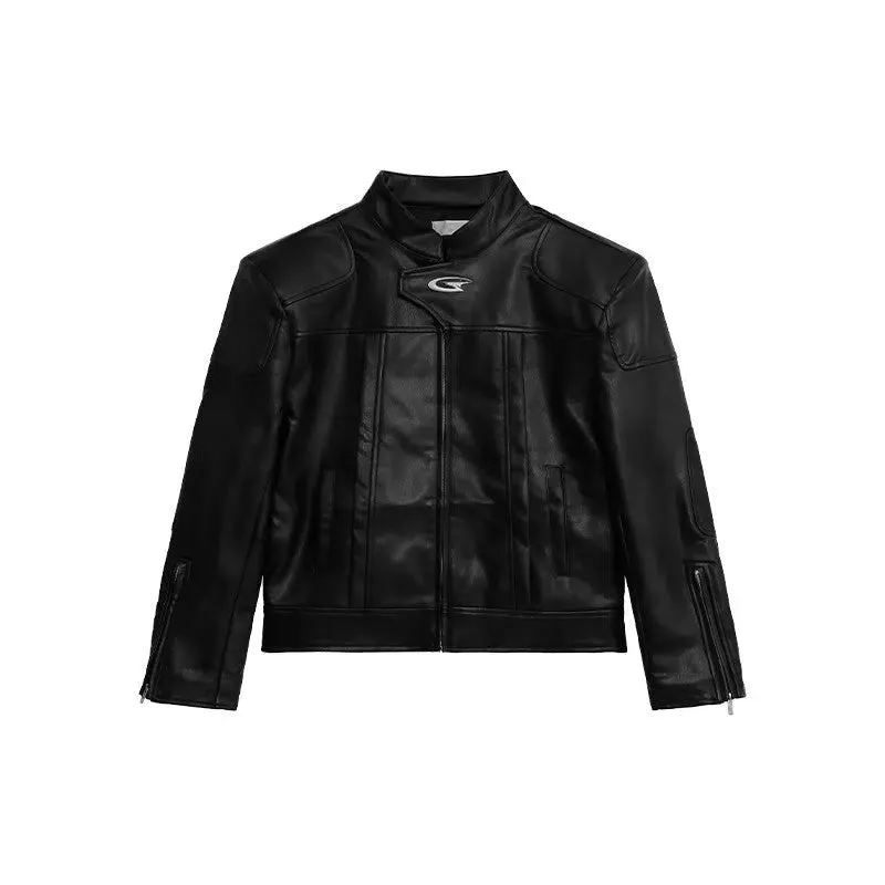 Maxct Stand Collar Leather Jacket with Shoulder Pads