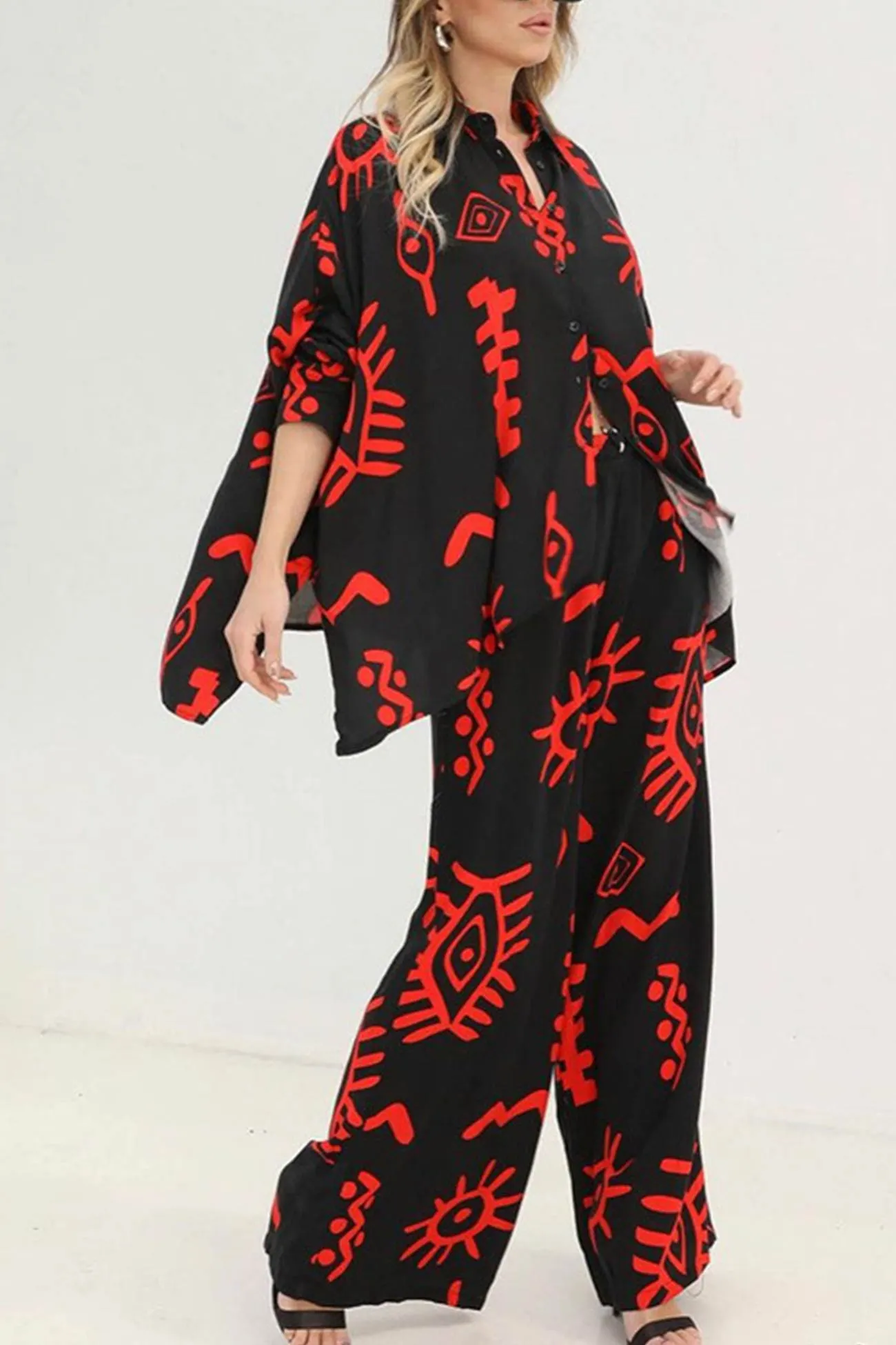 Maxct Printed Bat Sleeve Loose Shirt Suits