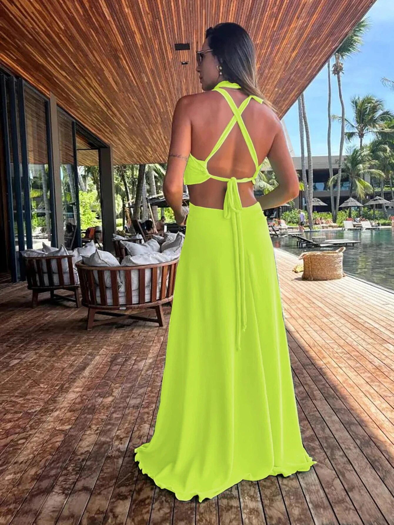 Maxct Women Halter Neck Tie Backless Beachwear Green Cover Up Party Ladies Dresses Casual Summer Clothing Fashion Long Dress