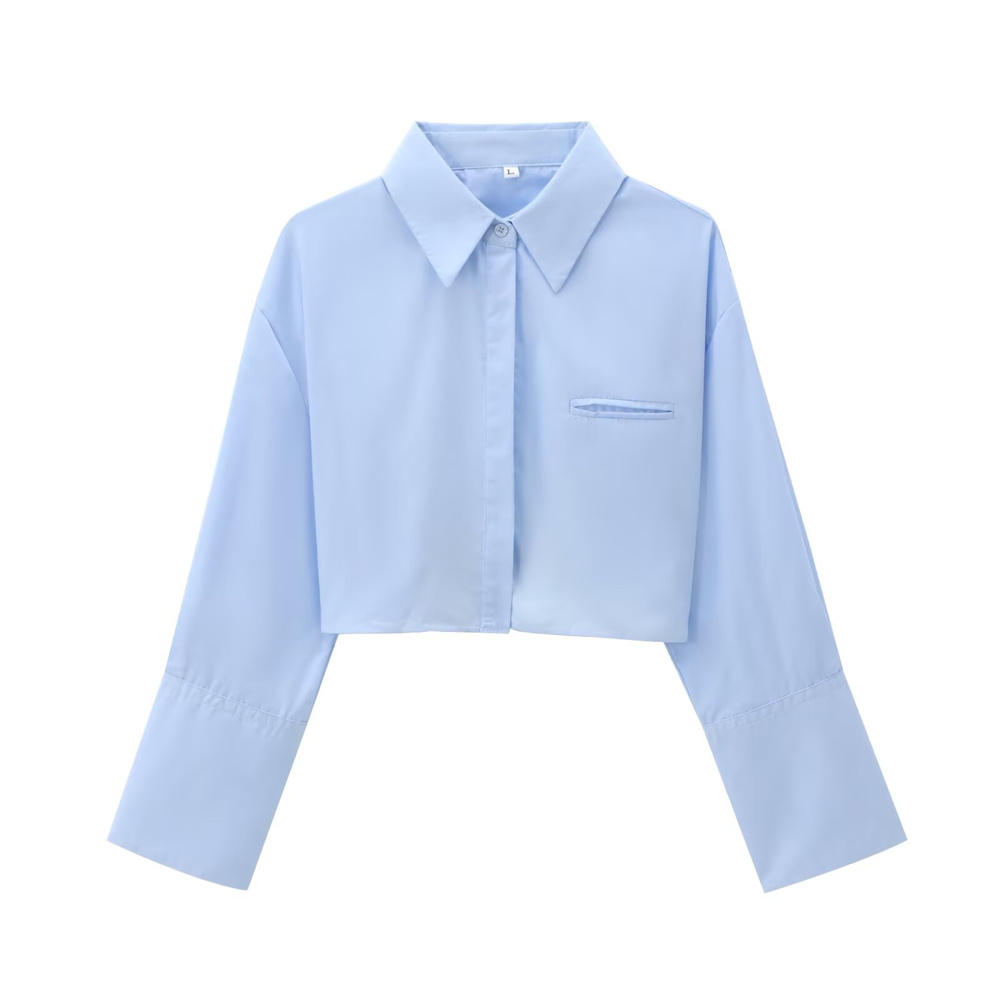 Autumn New Product Women's Fashion Style Blue Backless Belt Poplin Turnover Long Sleeve Shirt