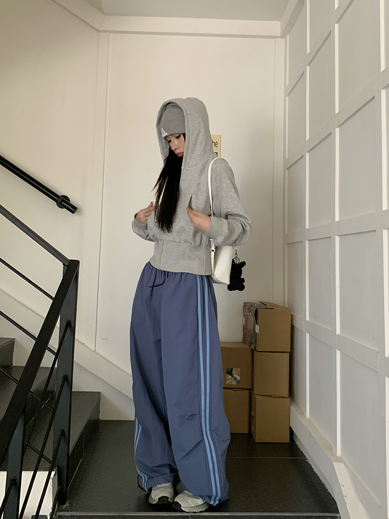 Grey Cropped Hoodies Zip Up Long Sleeve Sweatshirt Cardigan Oversized Autumn Fashion Wide Leg Track Pants Two Piece Sets
