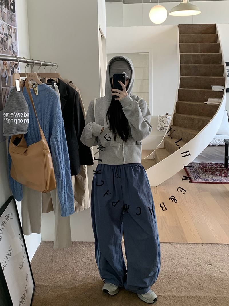 Grey Cropped Hoodies Zip Up Long Sleeve Sweatshirt Cardigan Oversized Autumn Fashion Wide Leg Track Pants Two Piece Sets