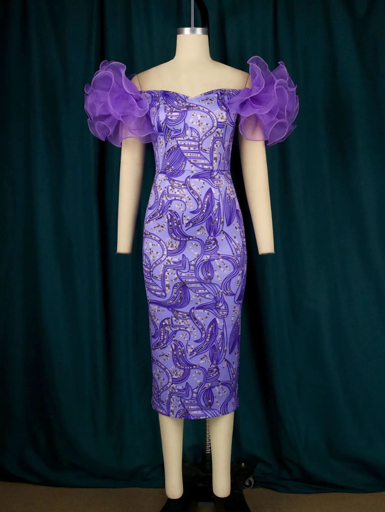 Maxct Am0631 Mesh Sleeve Stitching Printed Hip Skirt Midi Dress Party Evening Dress Dress Women Dress