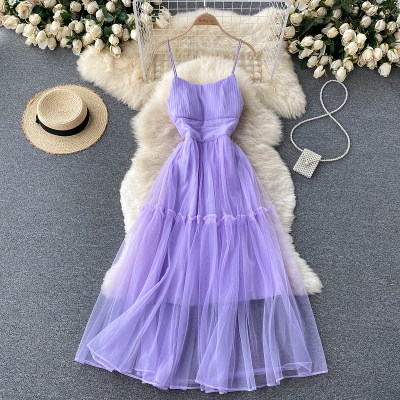 Women's Sexy Mesh Spaghetti Strap Long Dress Summer Orange/Purple/Blue/Pink Ruffle A-Line Beach Robe Female Elegant Party Vestidos