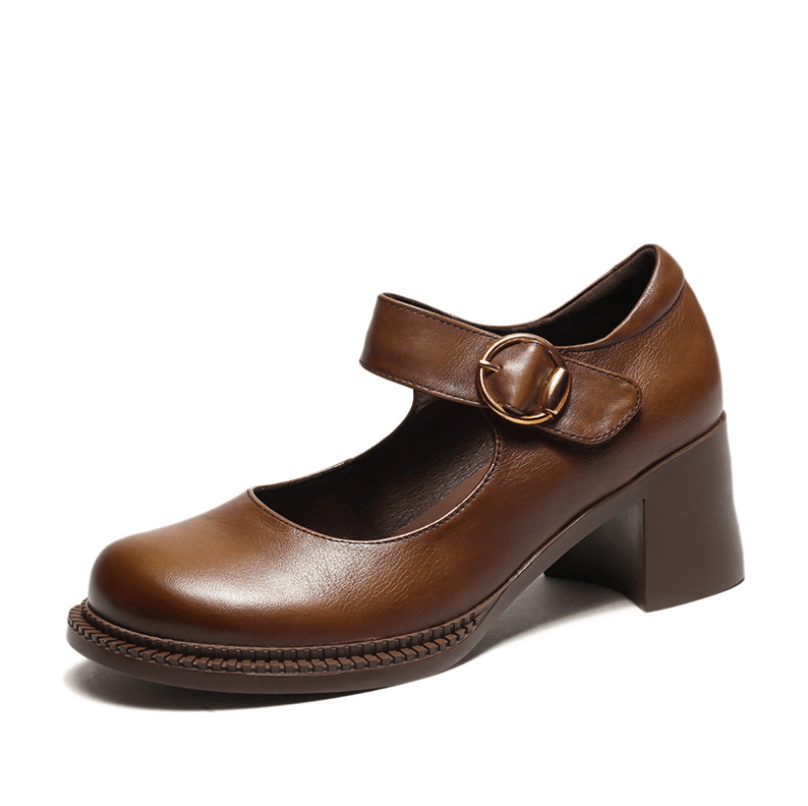 Handmade Pumps Mary Jane Heels Sandalss Round Toe  Retro Velcro Sandals Black/Brown Maxct