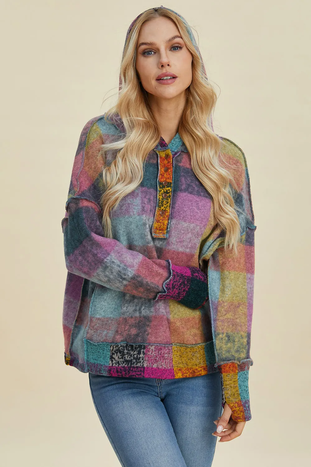 Maxct &Double Take Full Size Plaid Dropped Shoulder Fleece Hoodie