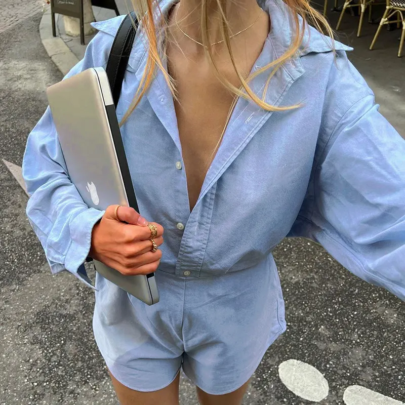 Autumn New Long Sleeves Shirt Playsuits For Women Loose Casual Patchwork High Waisted Pants Solid Rompers Female Outfits