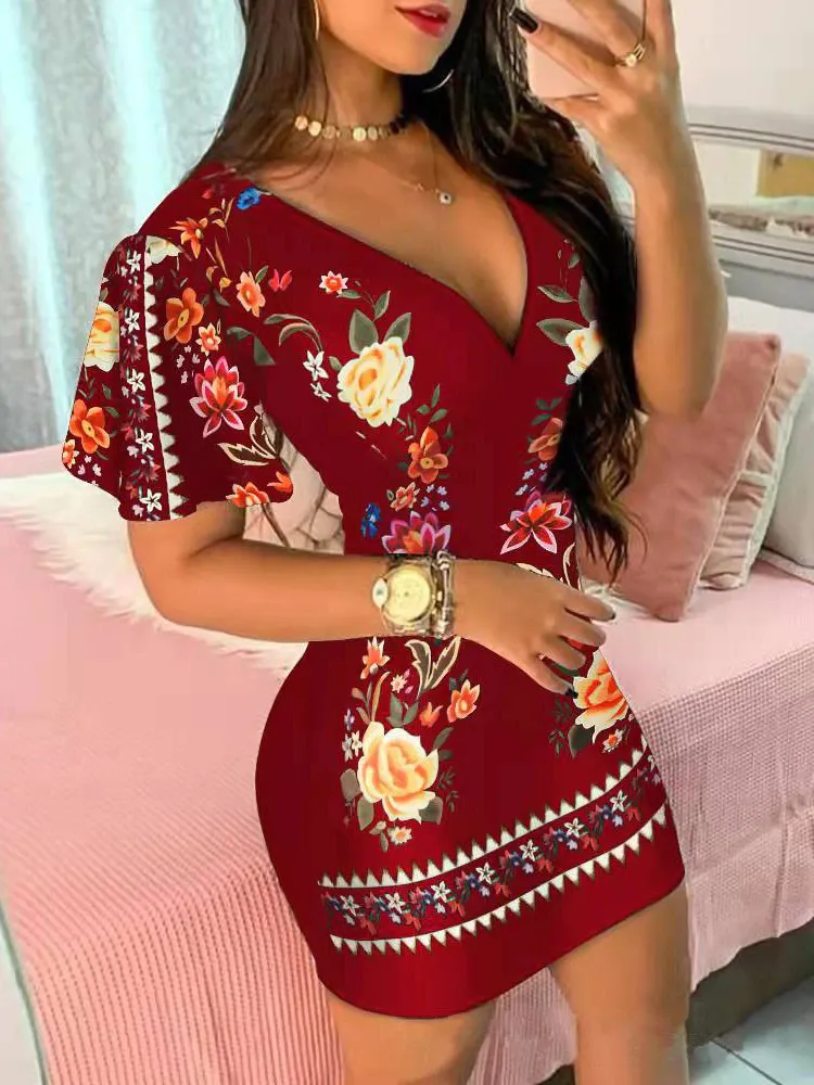 Maxct Women Elegant Dress Vintage Floral Print Ruffles Bodycon Dress for Party Cocktails Casual Mini Dress Vacation Dress