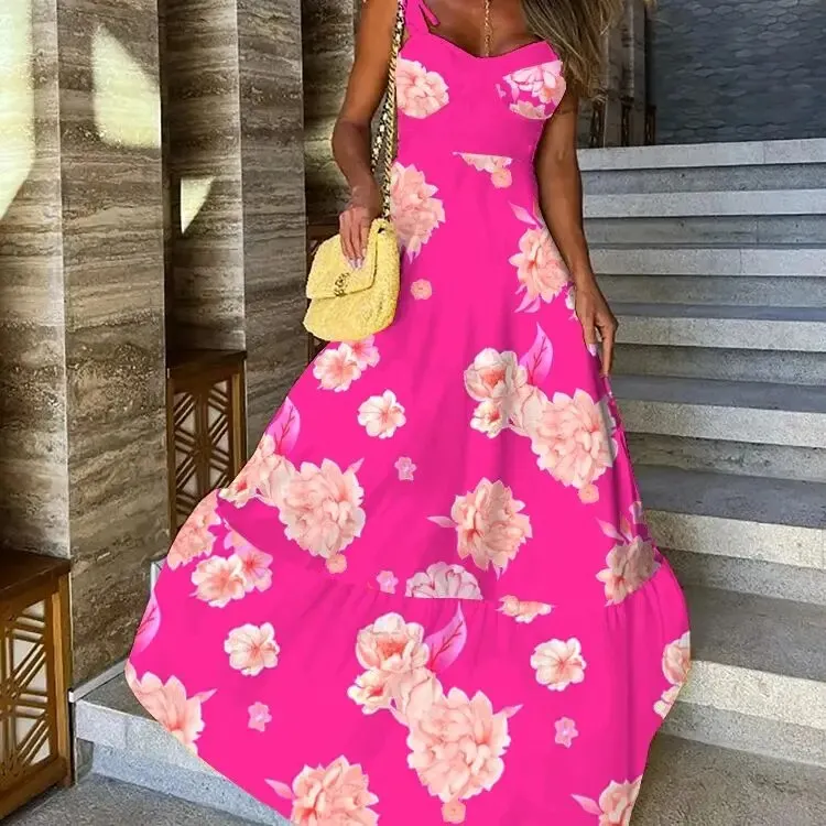 Maxct Floral Printed Yellow Dresses For Women Elegant Sleeveless Long Dress Holiday Lace Up Robe Summer Bodycon Vestidos Feminino