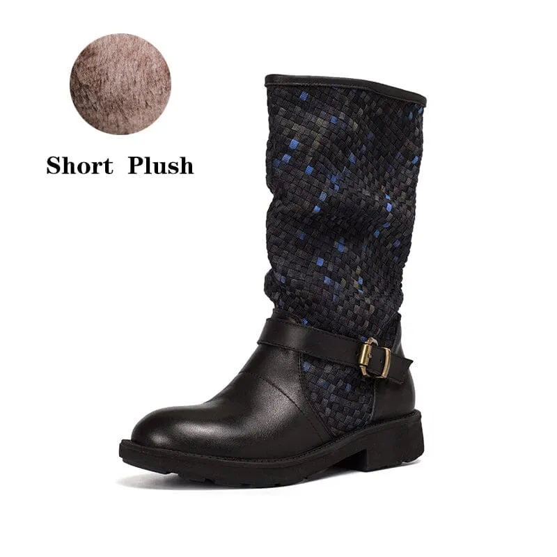 Woven Boots Mid Calf Color Blocking Design Riding Boots Maxct