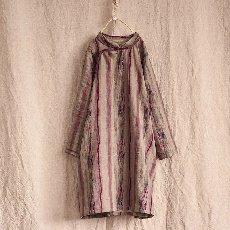 Vintage Asymmetric Front Striped Cotton Linen Dress for Women