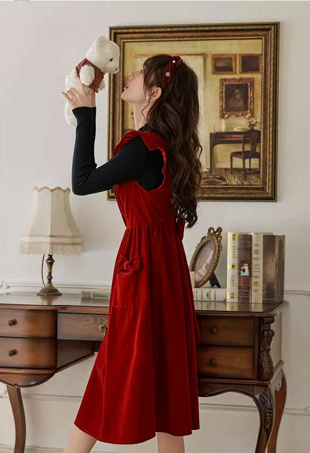 Velvet Frilly Bow Pinafore Dress Maxct