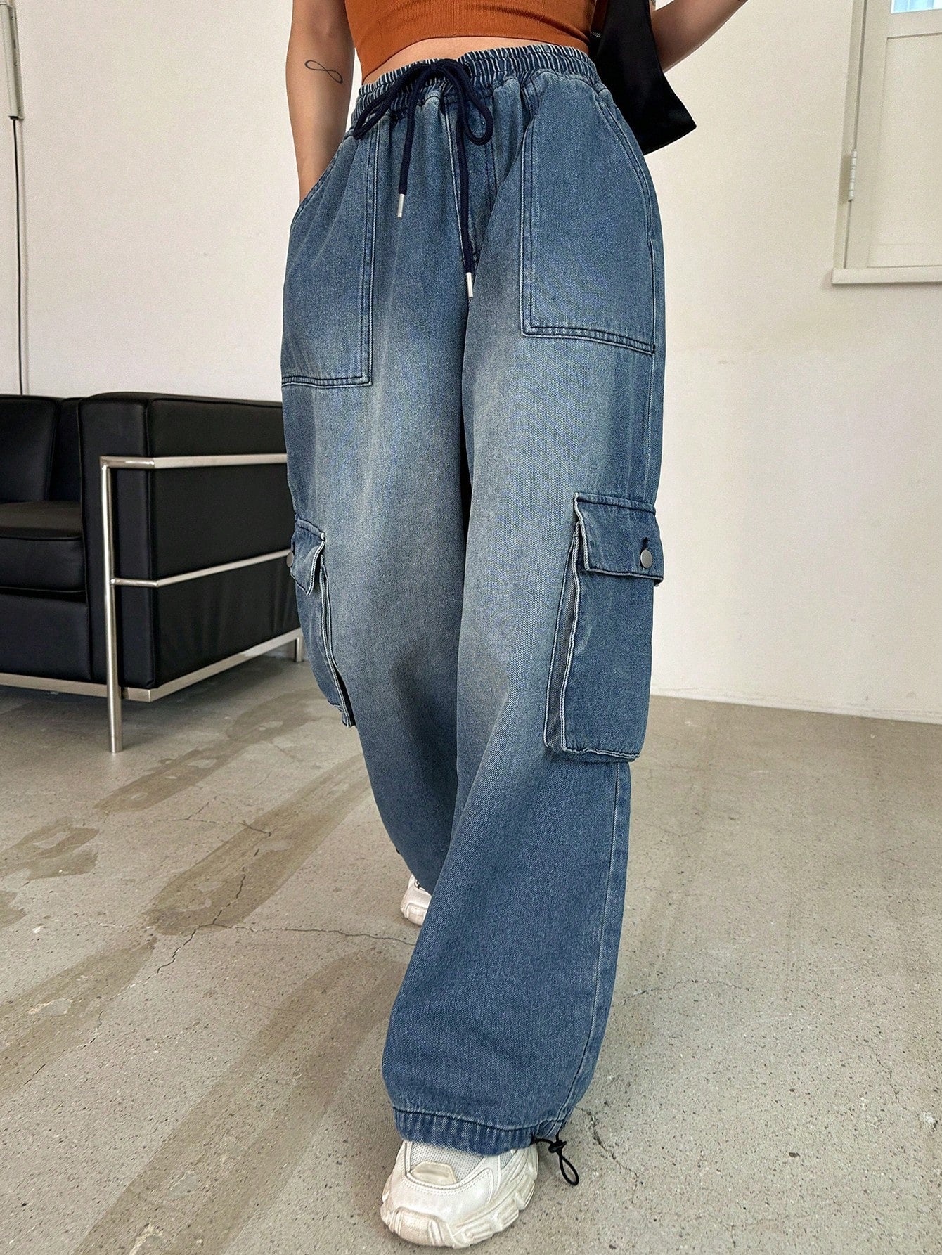 Maxct Drawstring Waist Flap Pocket Side Cargo Pants
