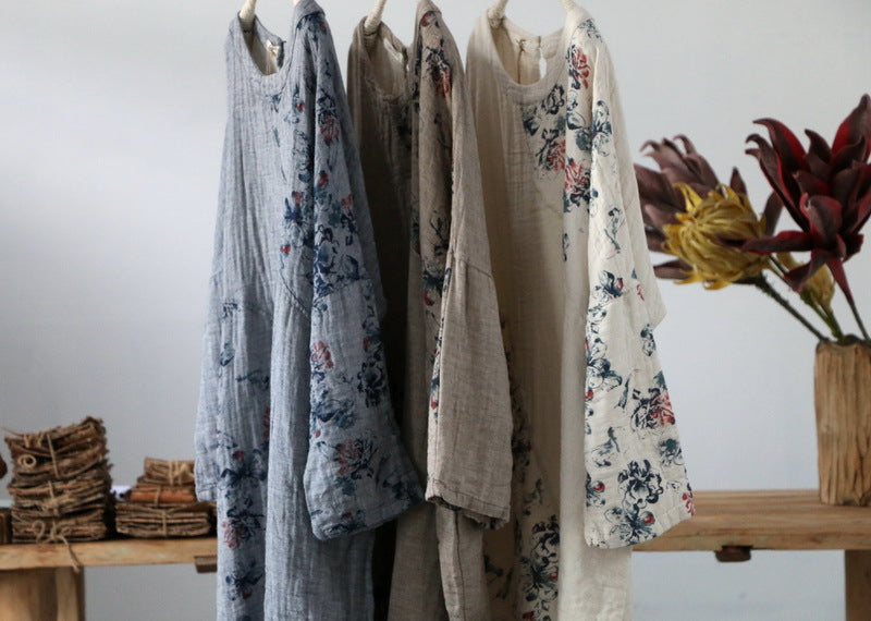 Spring Loose Soft Vintage Ethnic Style Printed Cotton Linen Dresses