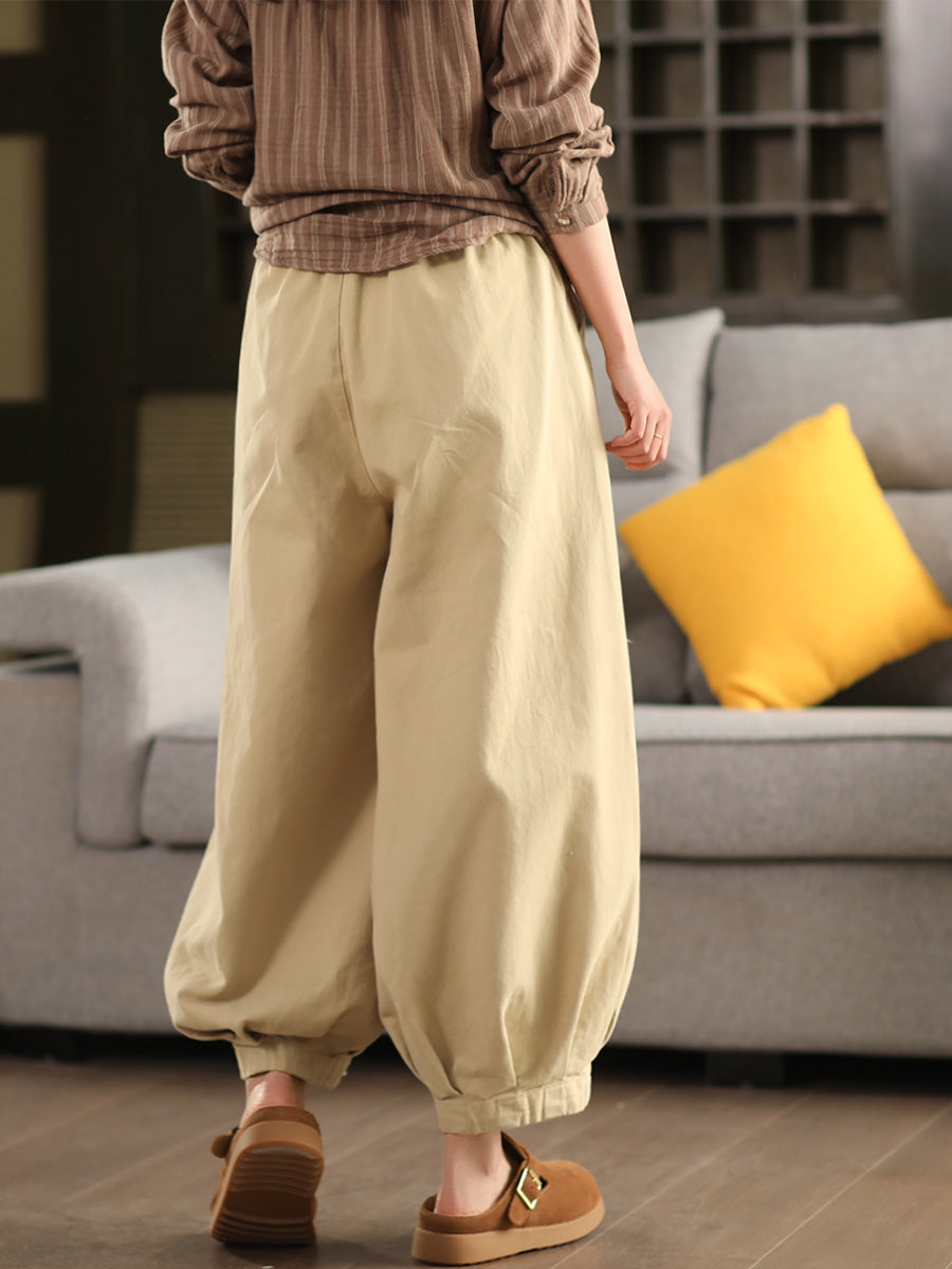 Women Spring Retro Cotton Solid Color Harem Pants
