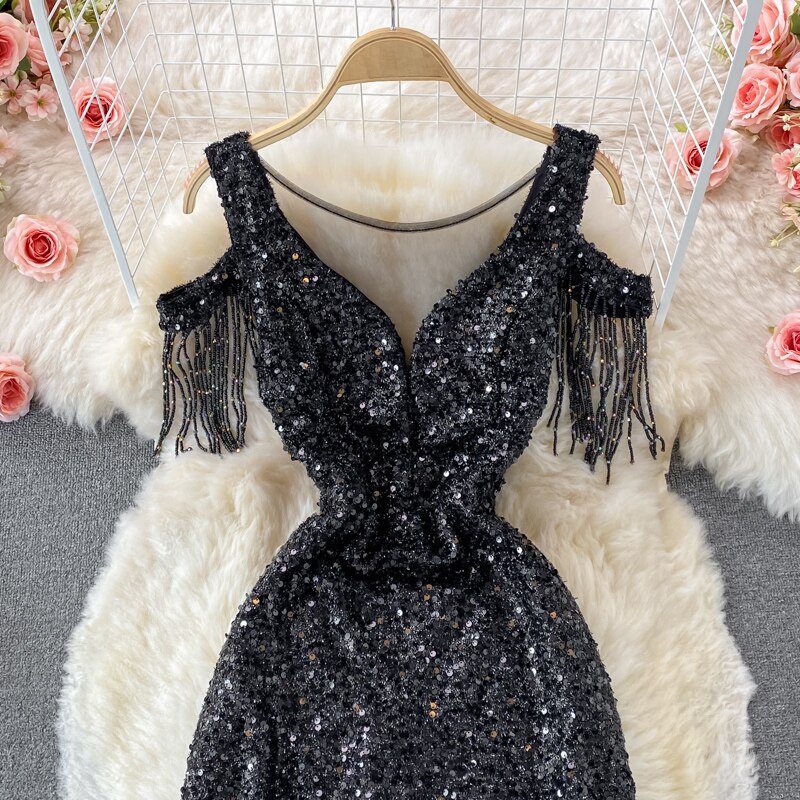 Sequins Party Maxi Dress For Women Sexy V-Neck Short Sleeve High Waist Tassel Long Robe Female Elegant Vestidos