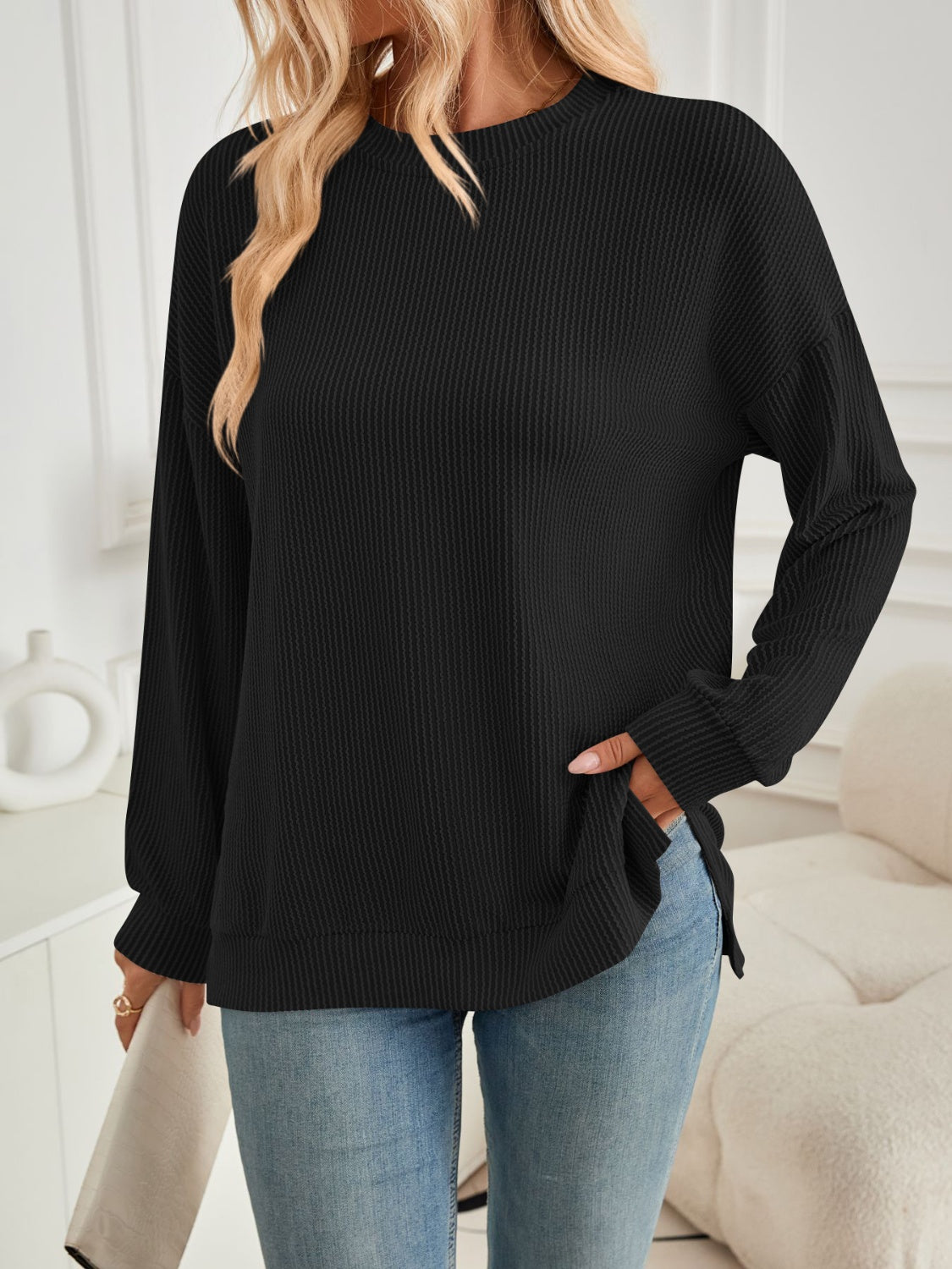 Maxct &Slit Round Neck Long Sleeve Sweatshirt
