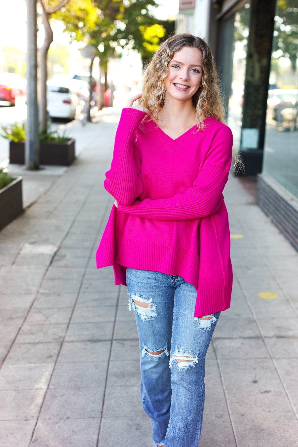 Maxct &Be Bold Magenta Oversized V Neck Rib Knit Sweater