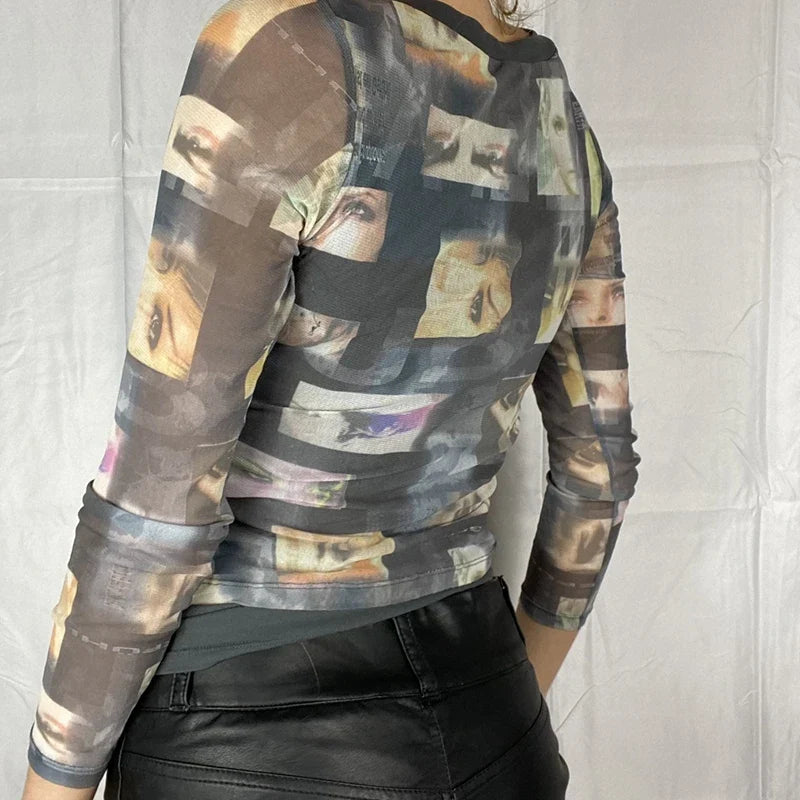Maxct Gothic Black Pachtwork Mesh Sheer T-shirt Graphic 90s Vintage Women Long Sleeve Slim Fit Crop Top Harajuku Streetwear