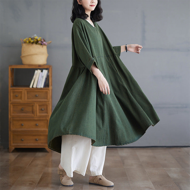 Maxct Women Autumn Retro Spliced A- Line Denim Dress