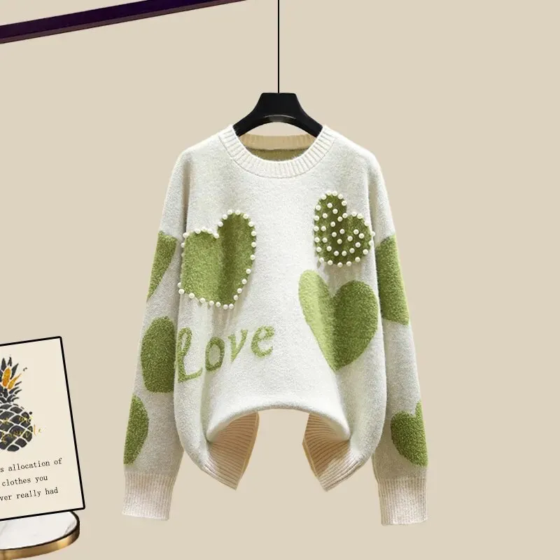 Maxct Lazy Sweater Two Piece set Women Sweet Heart-shaped beaded Pullover Jumper Top + Irregular Striped Skirt Knit 2PCS Sets