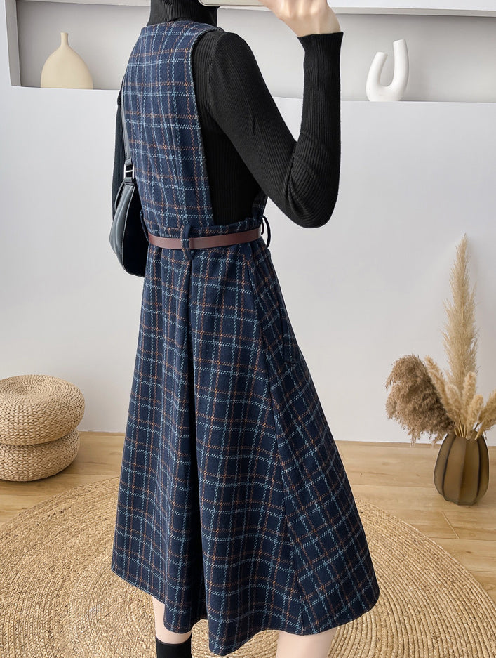 Button Up Plaid Pinafore Dress Maxct