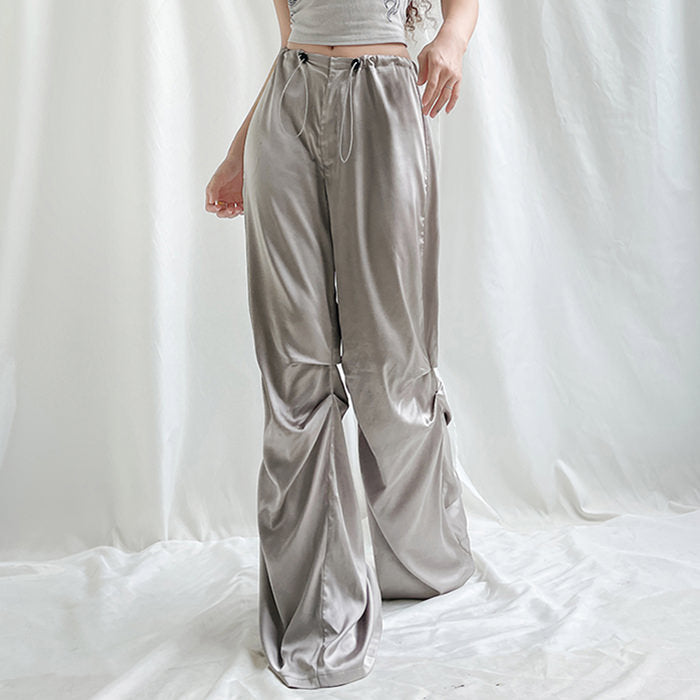 Women's Grey Satin Wide-Leg Pants
