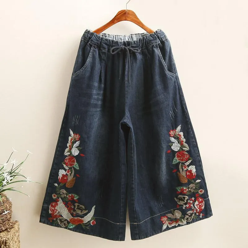 Maxct Women Retro Embroidered Denim Wide-Leg Pants