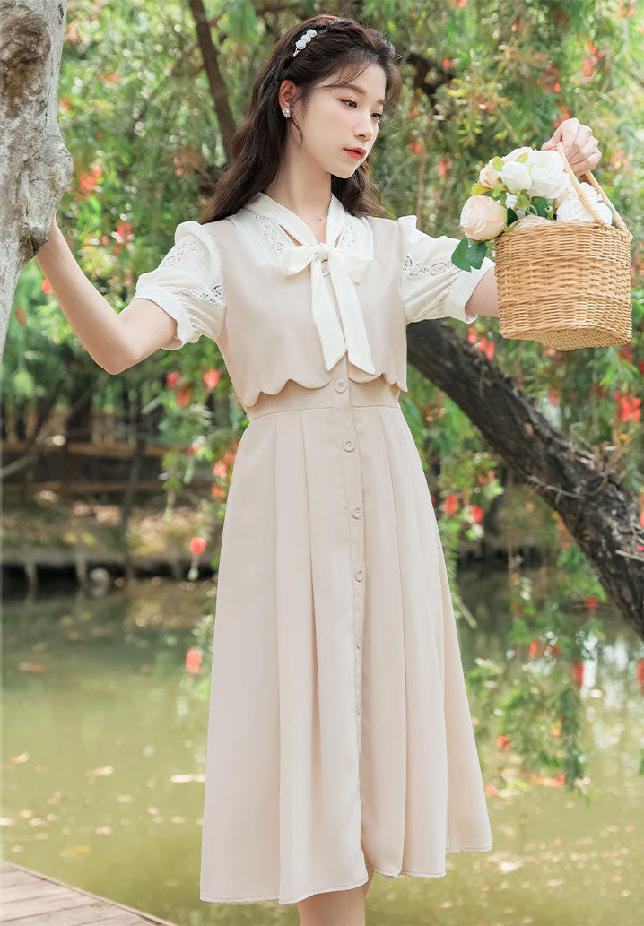 Button Up Tie Neck Twofer Midi Dress Maxct