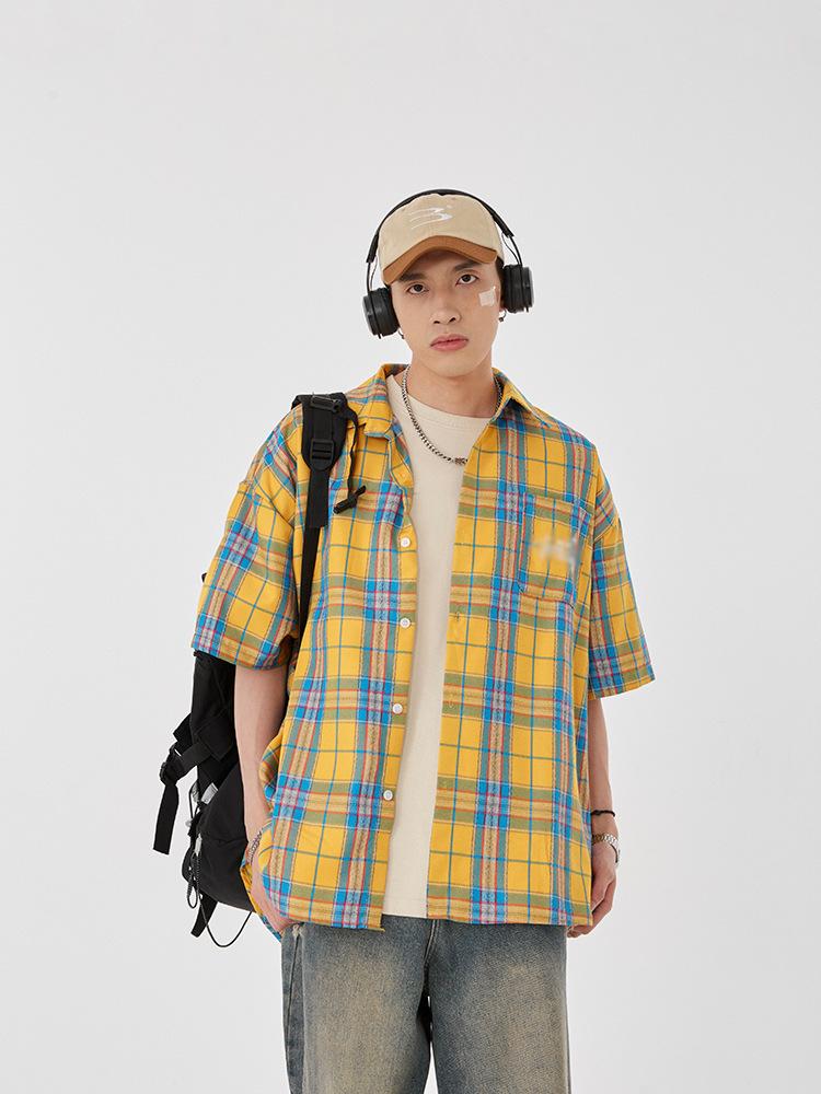Maxct 90s Streetwear Fashion Retro Contrast Color Plaid Shirt Women's Summer New Letter Embroidered Design Casual Half Sleeve Coat Top