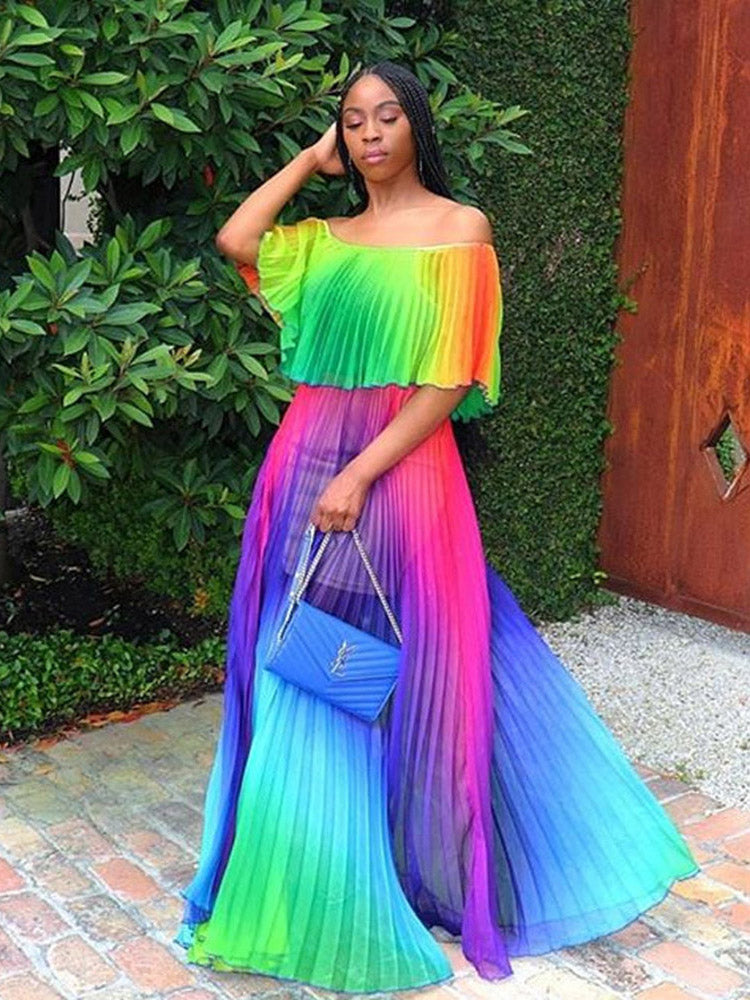 Off Shoulder Colorful Ombre Pleated Maxi Dress Maxct