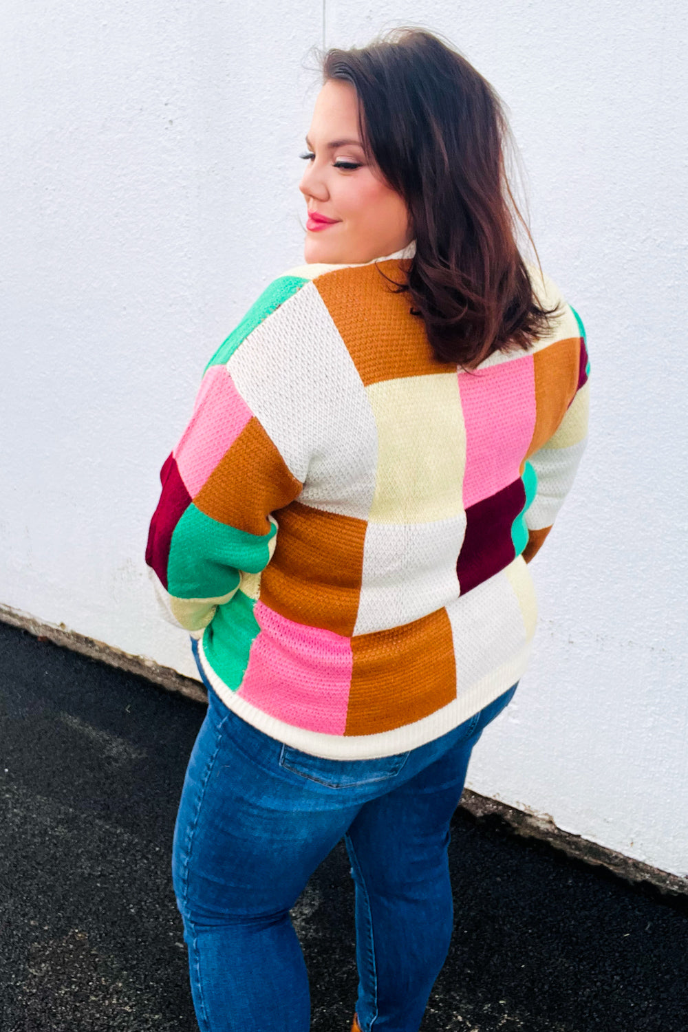 Maxct &Adorable Ivory & Camel Checker Jacquard Knit Sweater